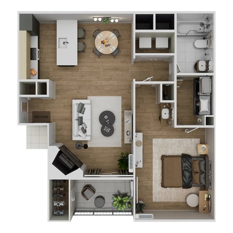 Floor plan for 1 bed, 1 bath, 715 sqft
