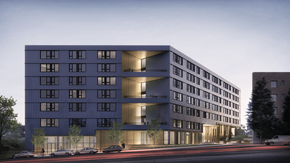 Portland apartment for rent - A modern building with a lot of windows is shown in the image.