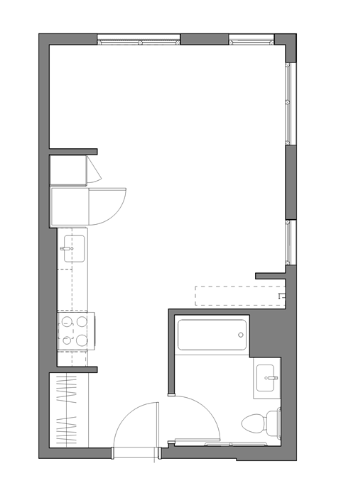 Floor plan for studio, 1 bath, 458 sqft