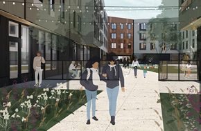 Portland apartment for rent - a rendering of two people walking on a sidewalk in front of a building