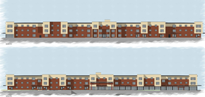 Vancouver apartment for rent - Two identical images of a red brick building with white trim and windows are shown side by side.