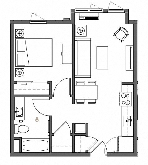 Floor plan for 1 bed, 1 bath, 514 sqft