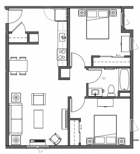 Floor plan for 2 beds, 1 bath, 805 sqft