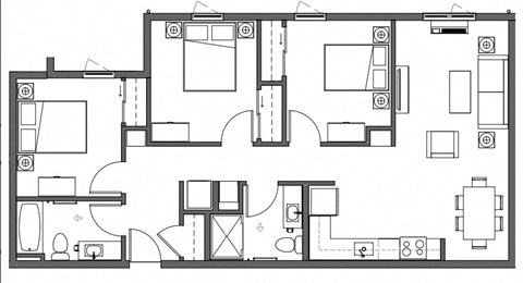 Floor plan for 3 beds, 2 baths, 1001 sqft