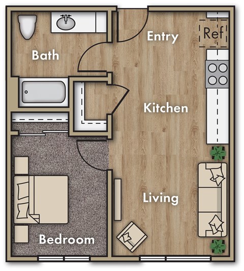 Floor plan for 1 bed, 1 bath, 660 sqft