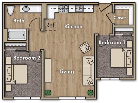 Floor plan for 2 beds, 1 bath, 1120 sqft