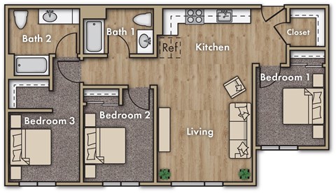 Floor plan for 3 beds, 2 baths, 1130 sqft