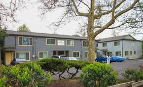 Portland apartment for rent - A grey apartment building with a tree in front.