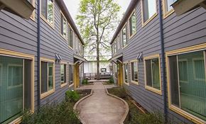 Portland apartment for rent - A long hallway with a bench and a tree in the background.