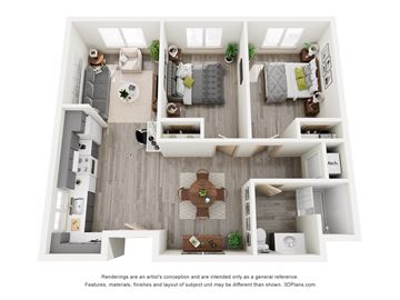 Vancouver apartment for rent - A 3D floor plan of a house with a kitchen, living room, and two bedrooms.