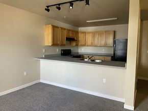 Portland apartment for rent - A kitchen with a black refrigerator and wooden cabinets.