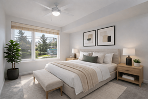 Portland apartment for rent - Bright bedroom with neutral decor and furnishings at The Canopy Apartments at Powell, Portland, 97236