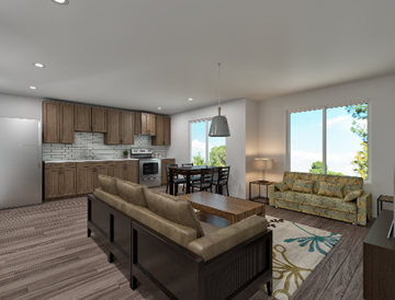 Vancouver apartment for rent - A modern living room with a brown sofa and wooden flooring.