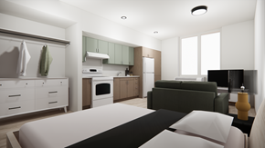 Portland apartment for rent - a room with a bed and a kitchen and a living room