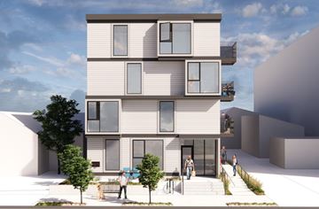 Portland apartment for rent - A modern residential building with people walking in front.