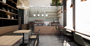 Portland apartment for rent - a rendering of a cafe with tables and chairs and a kitchen