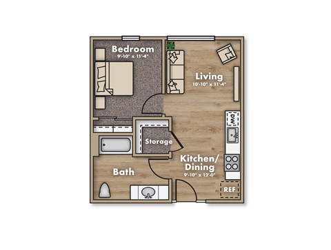 Floor plan for 1 bed, 1 bath, 550 sqft