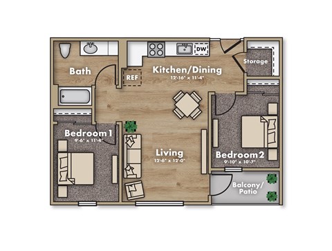 Floor plan for 2 beds, 1 bath, 880 sqft