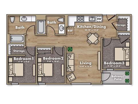 Floor plan for 3 beds, 2 baths, 1112 sqft