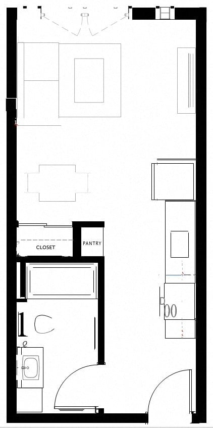 Floor plan for studio, 1 bath, 394 sqft