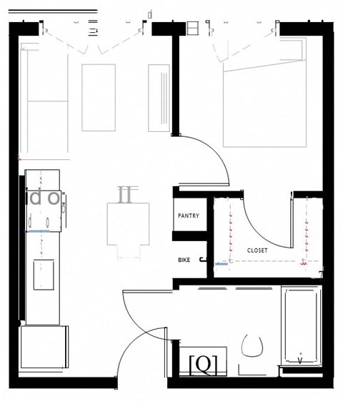 Floor plan for 1 bed, 1 bath, 457 sqft