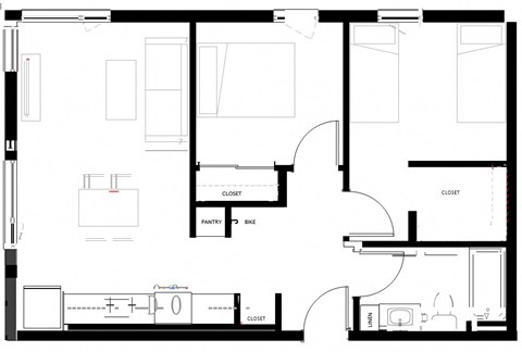 Floor plan for 2 beds, 1 bath, 751 sqft