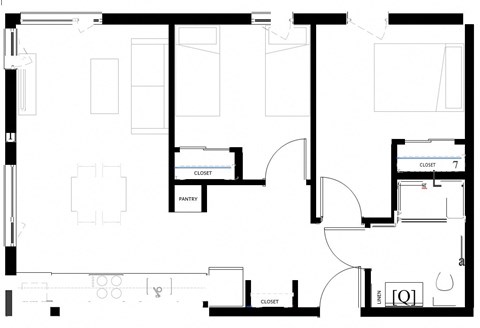 Floor plan for 2 beds, 1 bath, 751 sqft