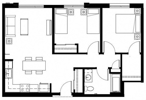 Floor plan for 2 beds, 1 bath, 923 sqft