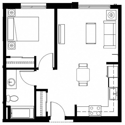 Floor plan for 1 bed, 1 bath, 570 sqft