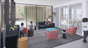 Portland apartment for rent - A group of people are sitting in a room with a glass wall and a couch.