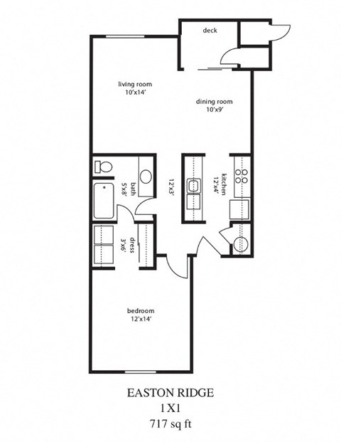 Floor plan for 1 bed, 1 bath, 717 sqft