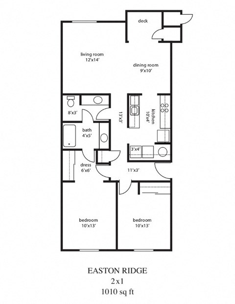 Floor plan for 2 beds, 1 bath, 1010 sqft