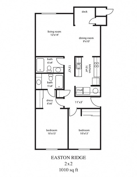 Floor plan for 2 beds, 2 baths, 1010 sqft