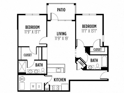 Floor plan for 2 beds, 2 baths, 1191 sqft