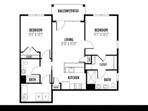 Floor plan for 2 beds, 2 baths, 1099 sqft