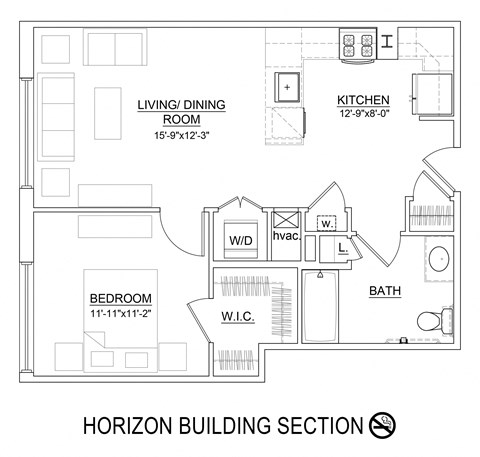 Floor plan for 1 bed, 1 bath, 696 sqft