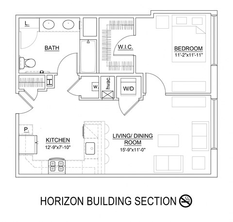 Floor plan for 1 bed, 1 bath, 716 sqft