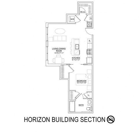 Floor plan for 1 bed, 1 bath, 729 sqft