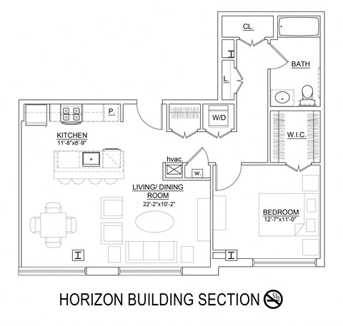 Floor plan for 1 bed, 1 bath, 843 sqft