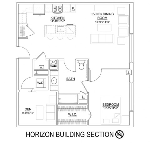Floor plan for 1 bed, 1 bath, 944 sqft