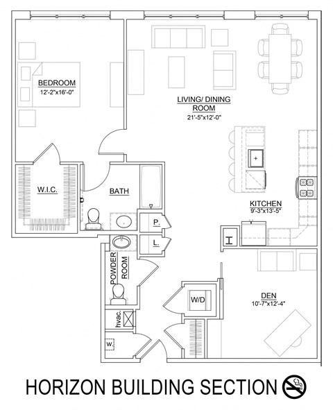 Floor plan for 1 bed, 1.5 baths, 1213 sqft