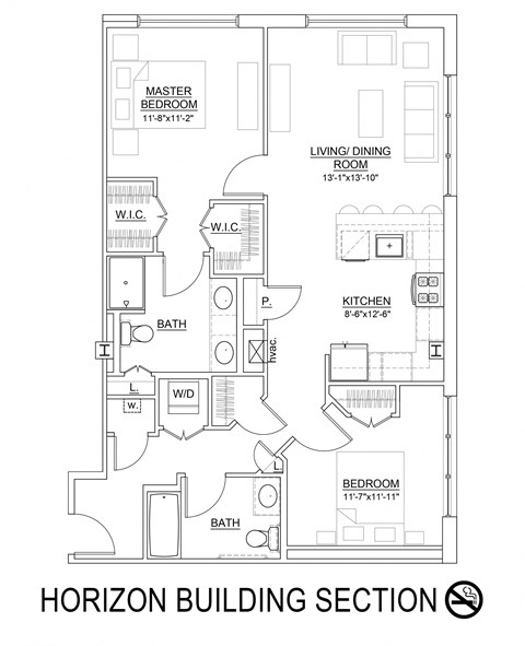 Floor plan for 2 beds, 2 baths, 1037 sqft