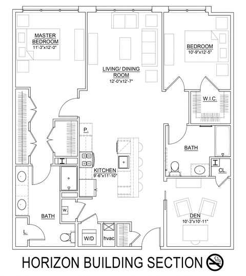 Floor plan for 2 beds, 2 baths, 1383 sqft