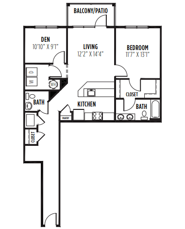 Floor plan for 1 bed, 1.5 baths, 1160 sqft