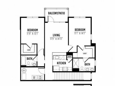 Floor plan for 2 beds, 2 baths, 1254 sqft