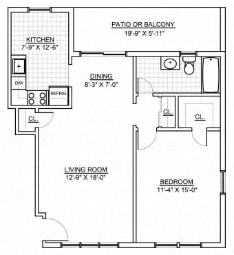 Floor plan for 1 bed, 1 bath, 710 sqft