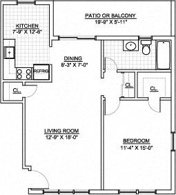 Floor plan for 1 bed, 1 bath, 691 sqft