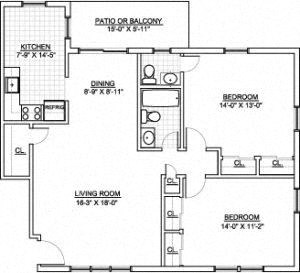 Floor plan for 2 beds, 1 bath, 989 sqft