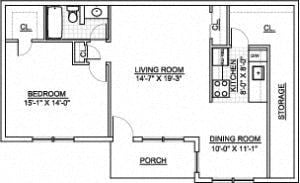 Floor plan for 1 bed, 1 bath, 710 sqft