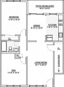 Floor plan for 1 bed, 1 bath, 800 sqft